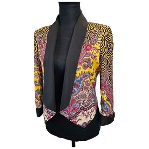 Bebe Boho Chic Vibrant Paisley Open Blazer Jacket Size XS Black Yellow Artsy